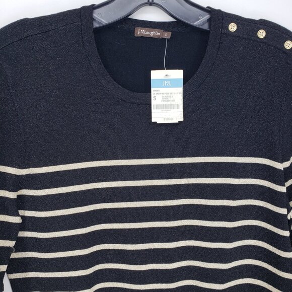 J McLaughlin Ginger Metallic Striped Crew Neck Sweater S Button Trim Black Gold - Picture 6 of 8